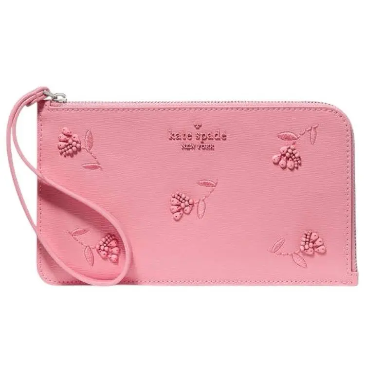 Kate Spade Medium Lucy Floral L Zip Wristlet Grapefruit Pink Beaded Leather