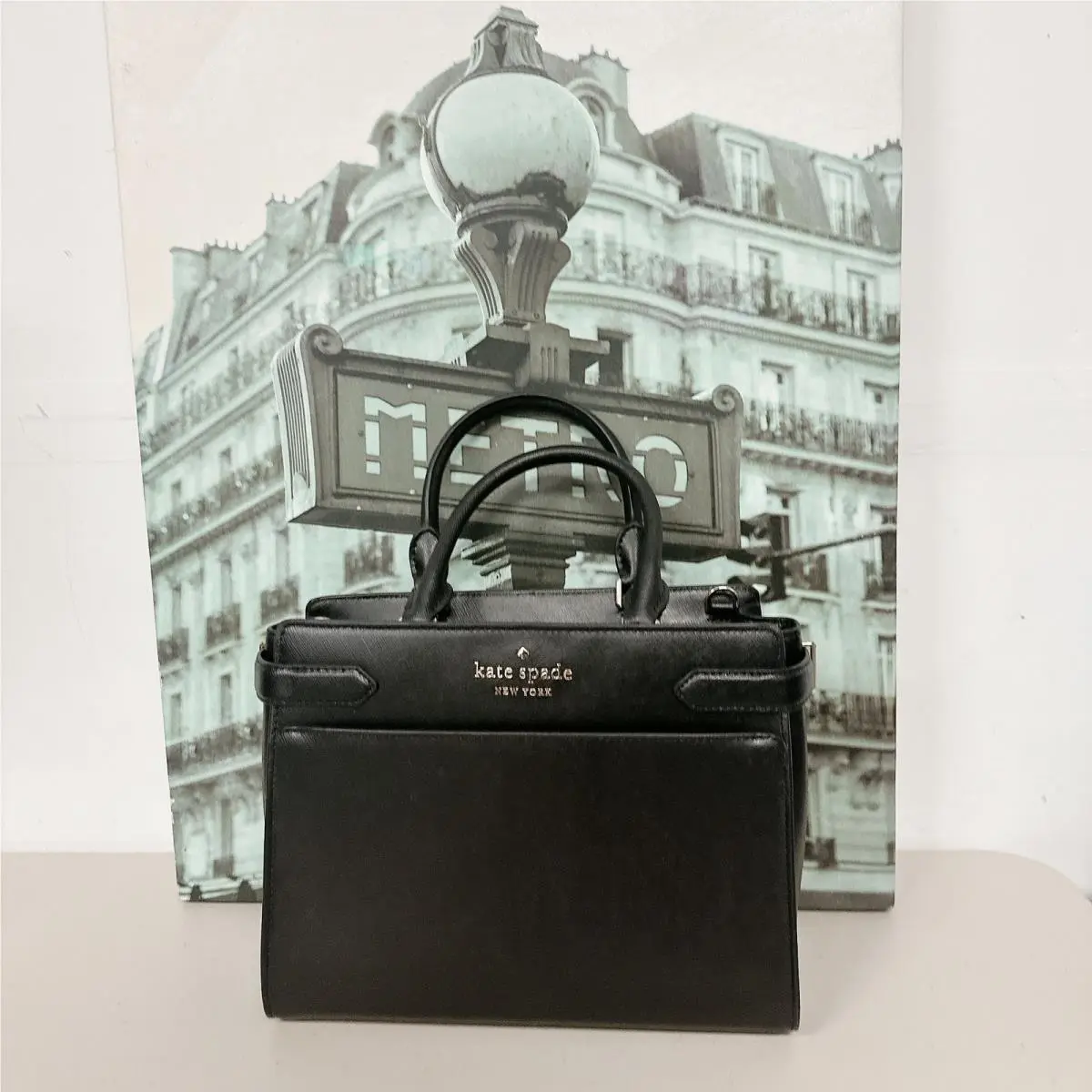 Kate Spade WKRU6951 Staci Medium Satchel Black Saffiano Leather Purse