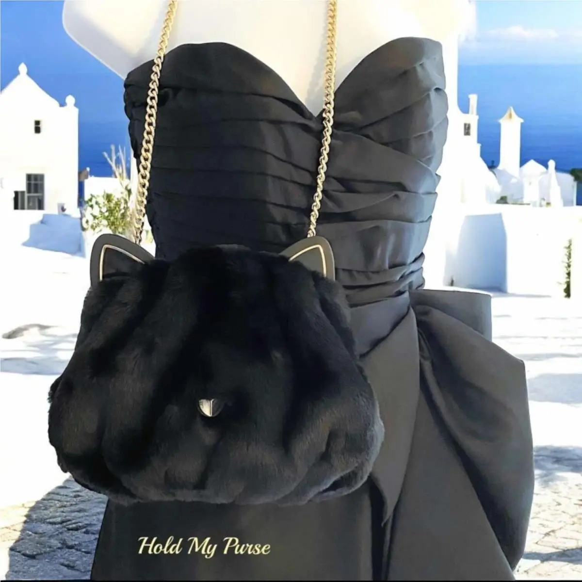 Kate Spade Pitch Purrfect Fur Black Kitty Cat Halloween Formal Bag