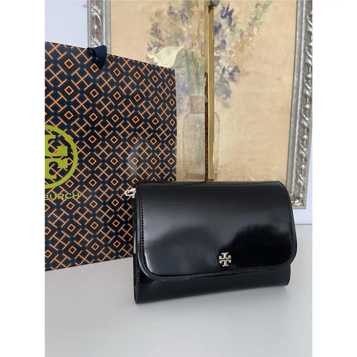 Tory Burch Black Patent Leather Emerson Chain Wallet Small Crossbody 176976