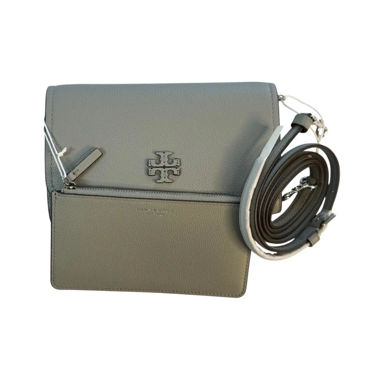 Tory Burch Thea Pebbled Leather w Silver Tone Hardware Crossbody Wallet Grey