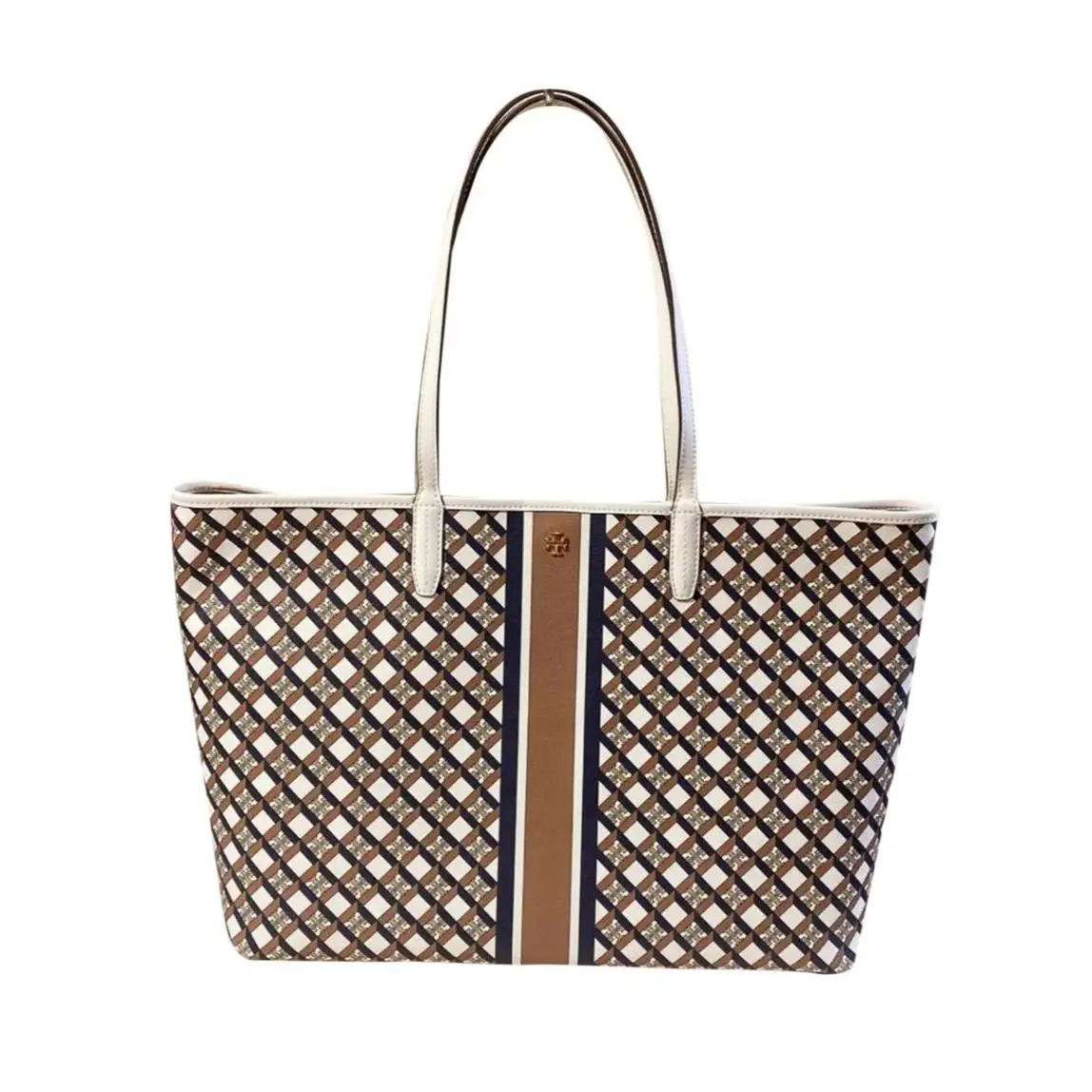 Tory Burch Ella Tote Bag Large Ivory Multi Geo Logo Stripe Canvas