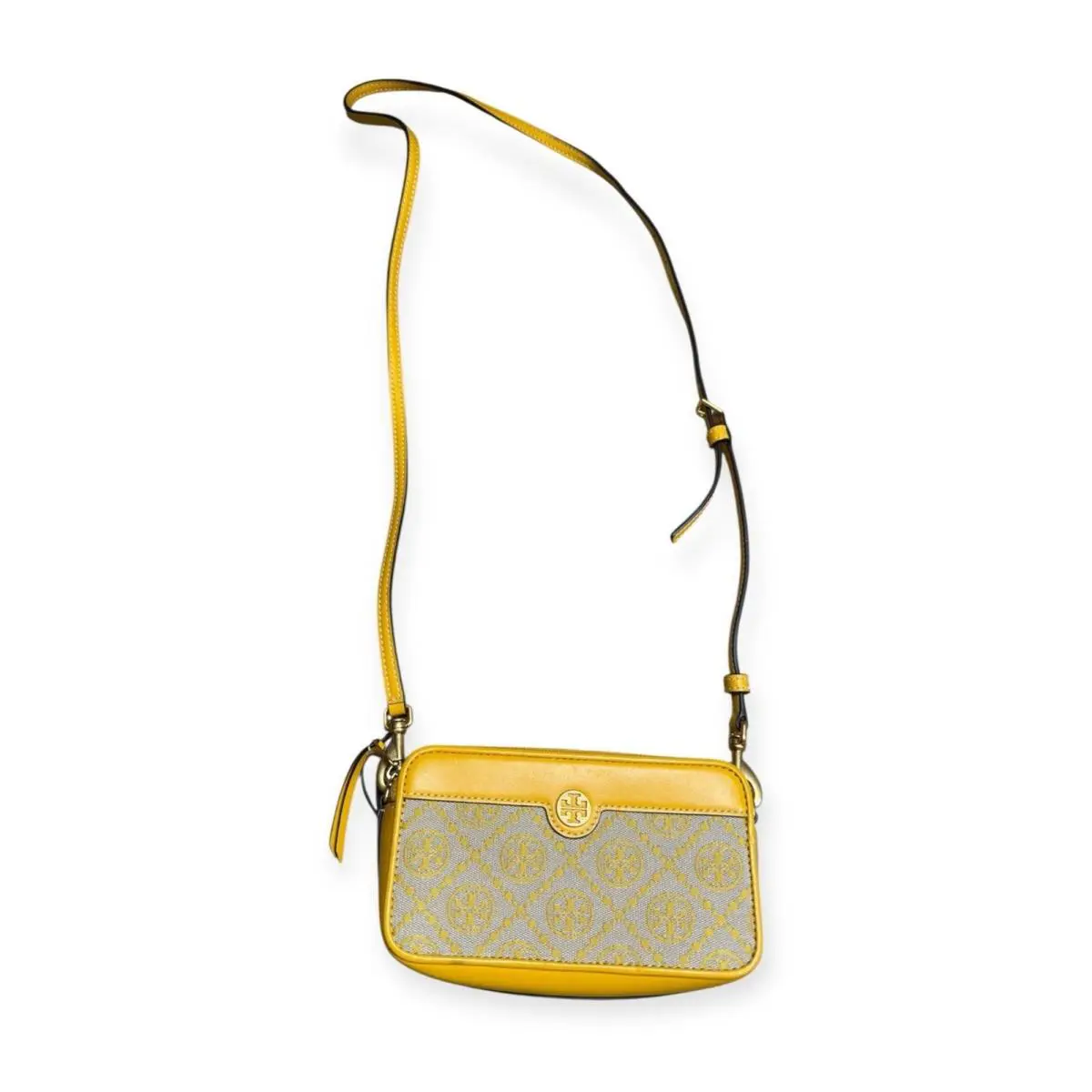 Tory Burch T Monogram Mini Jacquard Crossbody Goldfinch Yellow Camera Bag - Handle/Strap: Yellow, Exterior: Yellow, Lining: Maroon