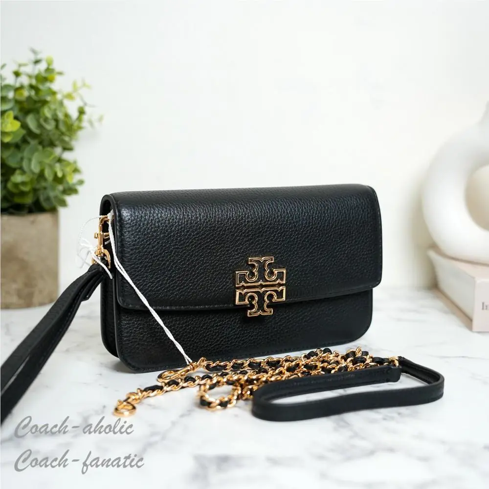 Tory Burch Britten Chain Wallet with Wristlet Leather Crossbody in Black