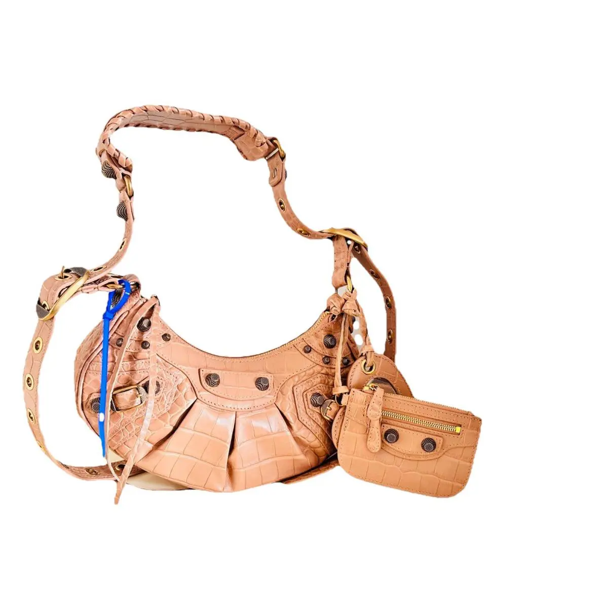 Balenciaga Le Cagole Calfskin Crocodile Emboss Shoulder Bag XS Nude$2750
