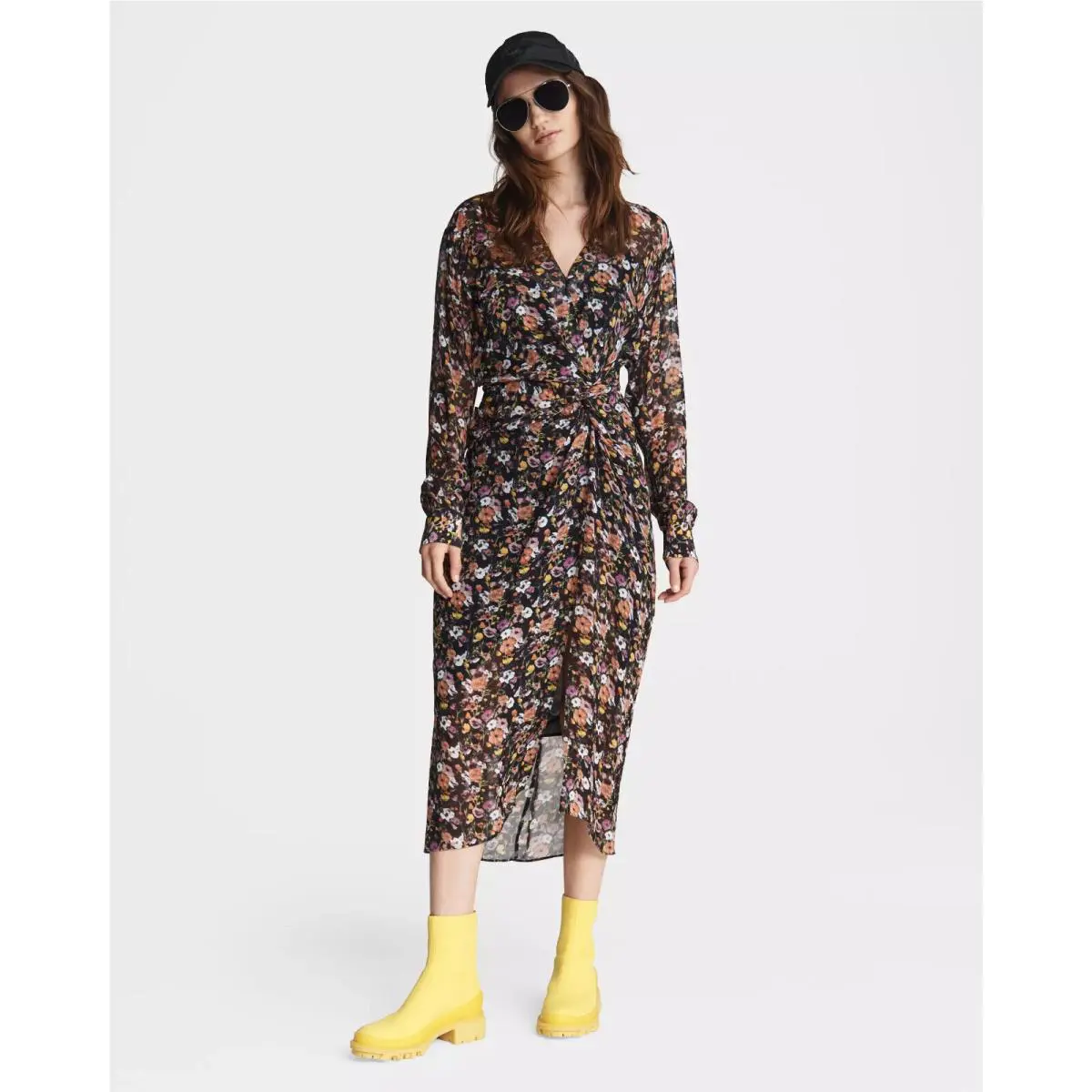 Rag Bone Women`s Black Amber Floral Print Midi Dress Size 2