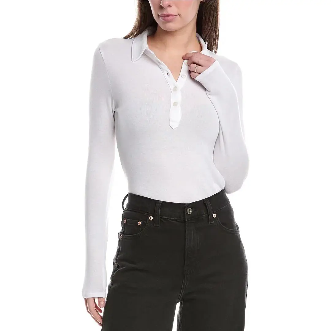 Rag Bone Lea Women`s Long Sleeve White Polo Shirt Size Medium