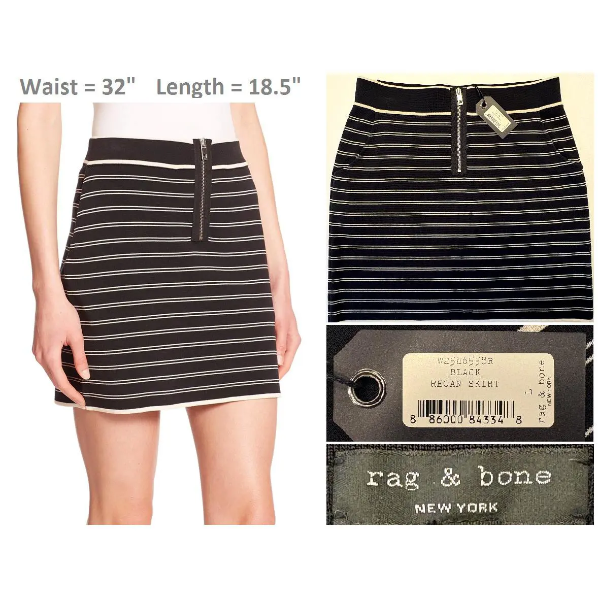Rag Bone NWT$295 Regan Body-con Striped Skirt 75%COTTON/25%NYLON Black Size L