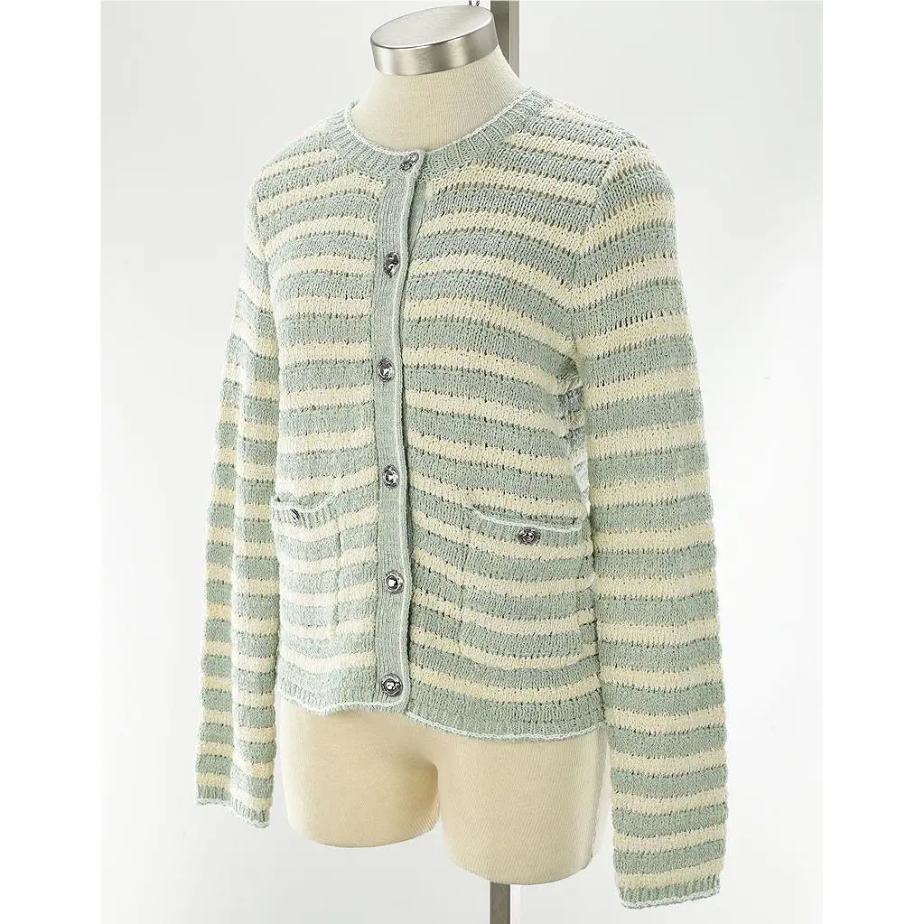 Rag Bone Green Jace Striped Cotton Blend Lady Cardigan Sweater Medium