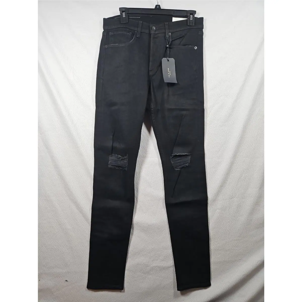 Rag Bone Fit 1 Extra Slim Button Fly Jeans Mens 32 32x34 Black w/ Holes