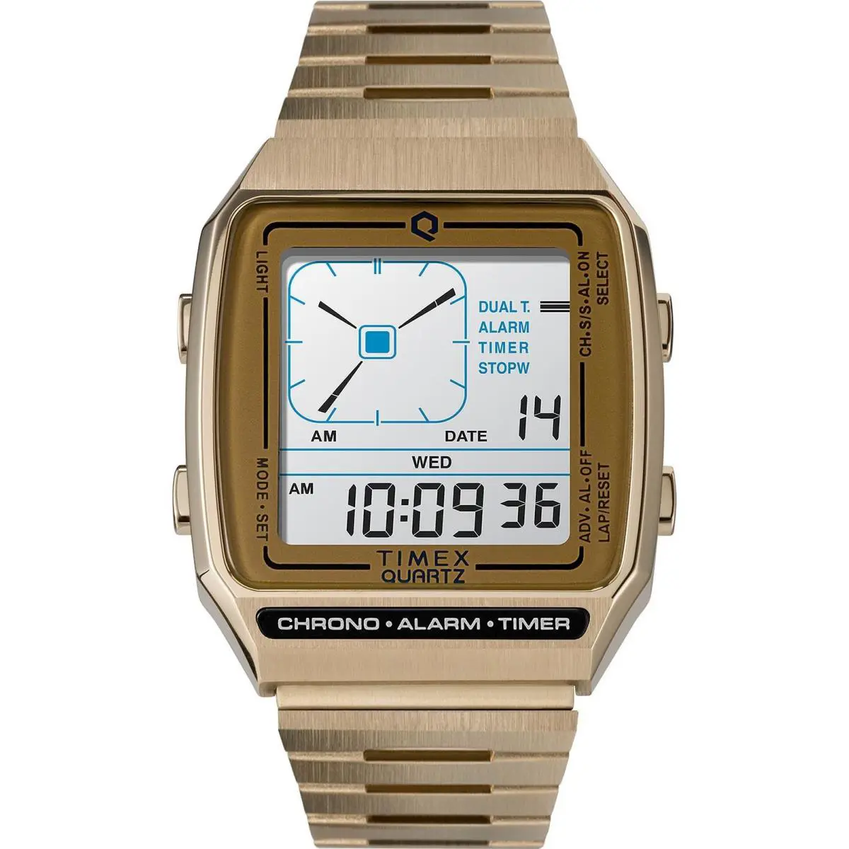 Timex TW2U72500 Men`s Q Series Reissue Lca Gold Tone Multifunction Digital Watch - Dial: Green, Band: Gold, Bezel: Gold