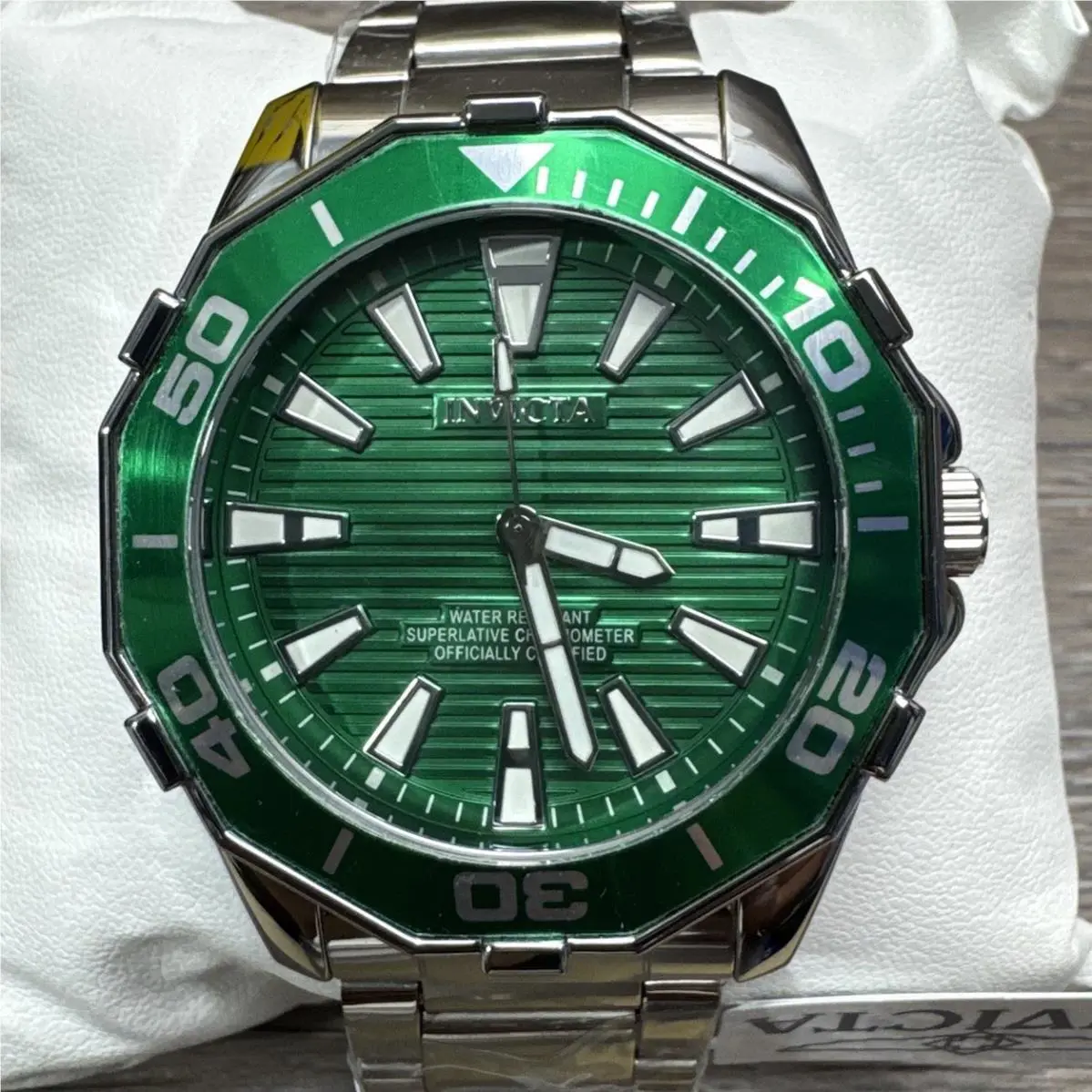 Invicta Diver Meridian 46mm Men Watch Silver Tone Stainless Steel Green Bezel