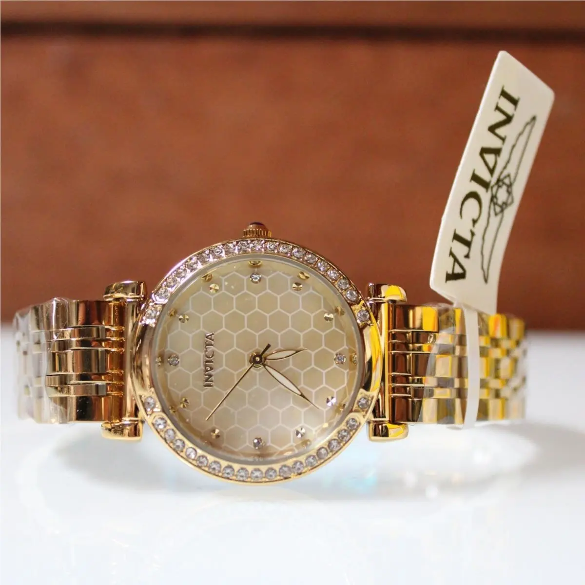 Invicta Women’s Luxury Gold Tone Quartz Watch Crystal Bezel Honeycomb Dial