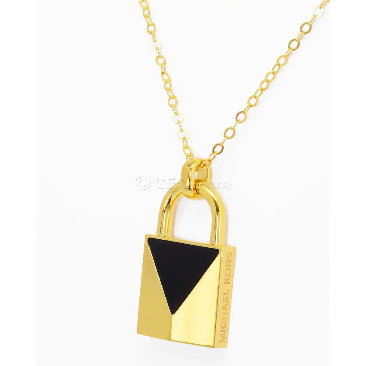 Michael Kors Womens 14k Gold Plated Necklace w/ Lock Pendant Black Triangle