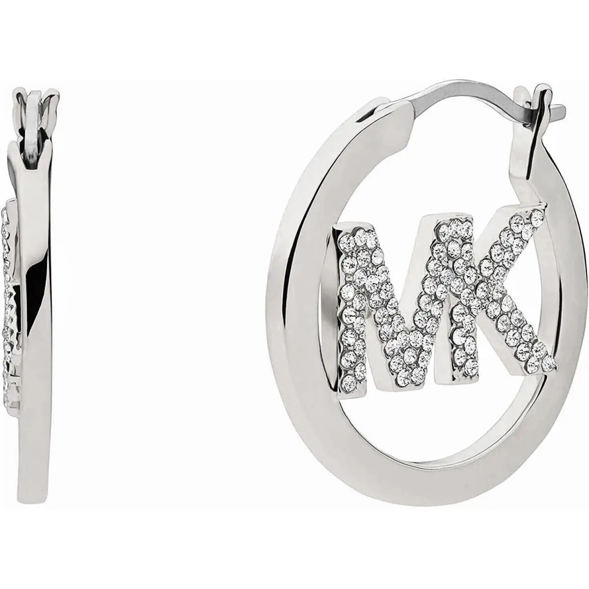 Michael Kors Silver Tone MK Crystals Logo Open Hoop Earrings MKJX7636