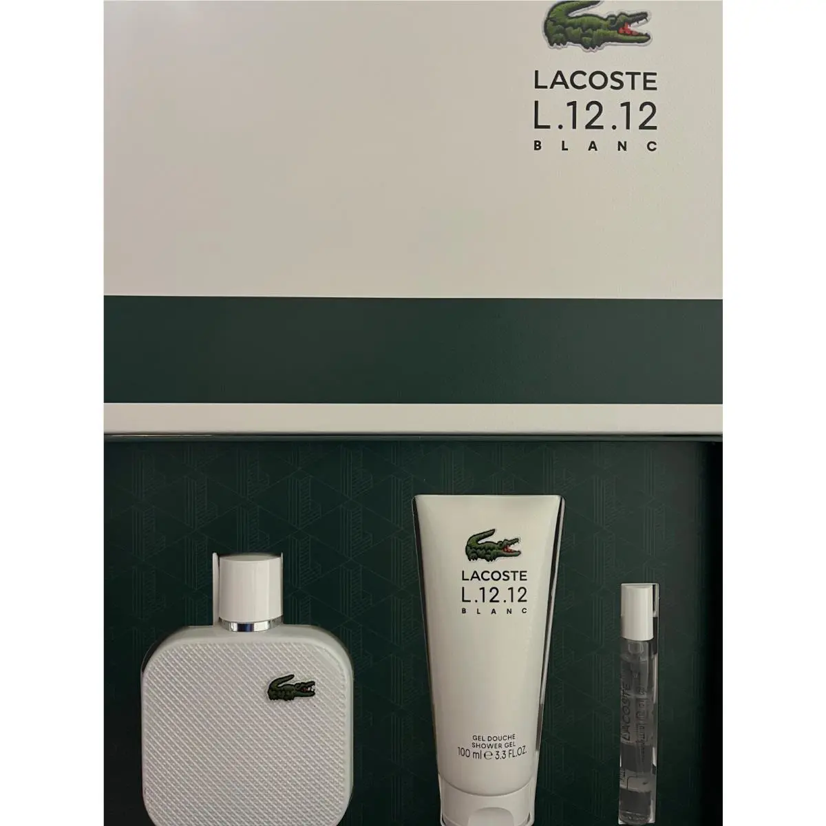 Lacoste Men`s L.12.12 Blanc 3pcs Set Edt Spray 3.3oz + 0.25oz Gel 3.3oz