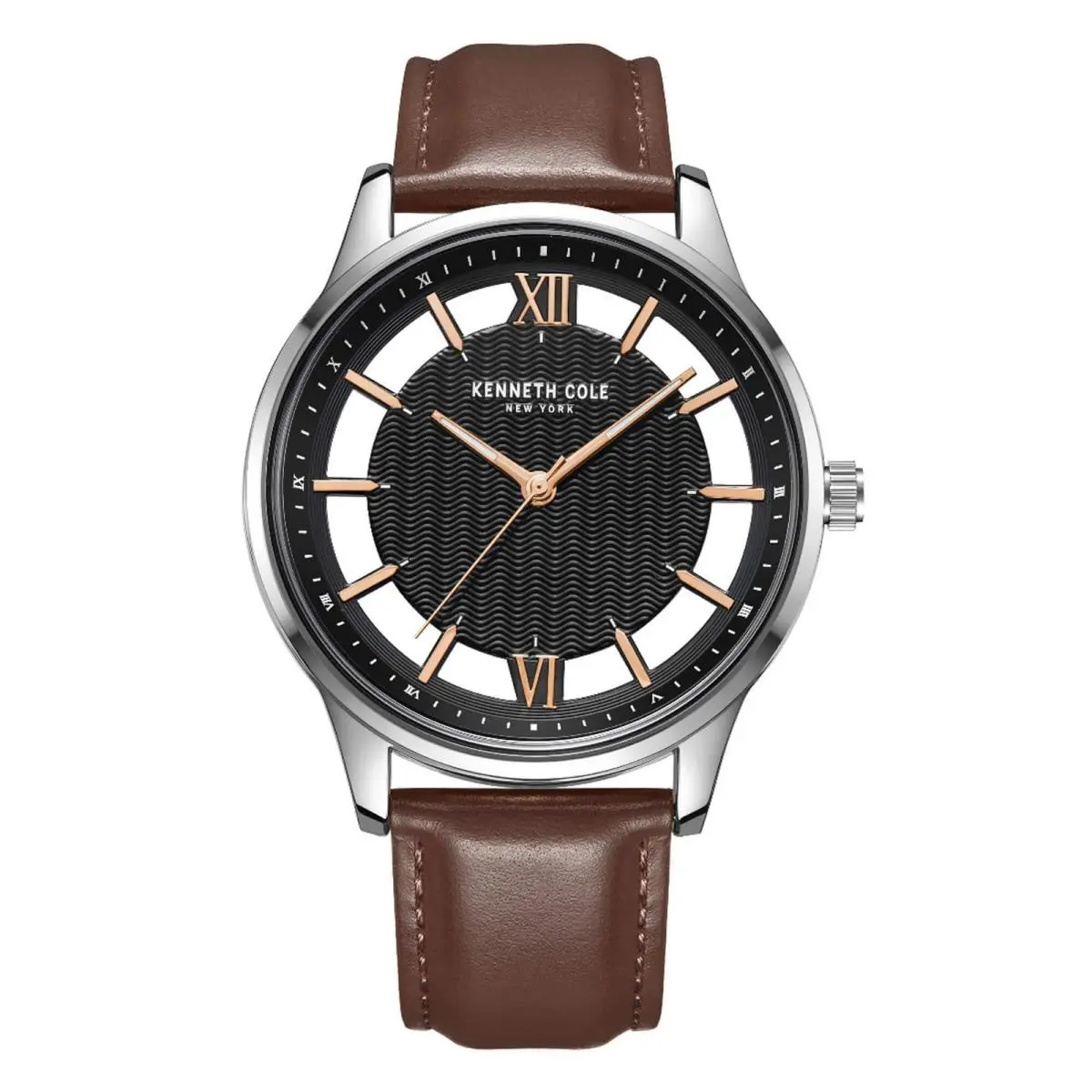 Kenneth Cole Men`s Watch Black White Dial Brown Leather Strap KCWGA2185601