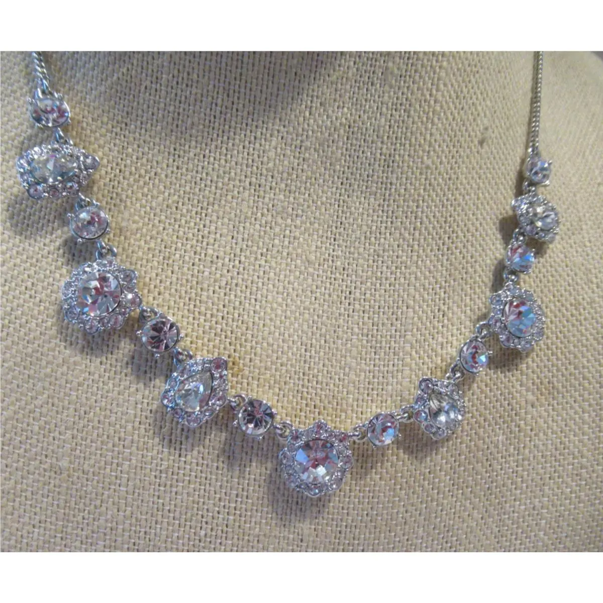 Givenchy Silver Tone Frontal Collar Necklace- Clear Crystal Stones/ 16-19.5