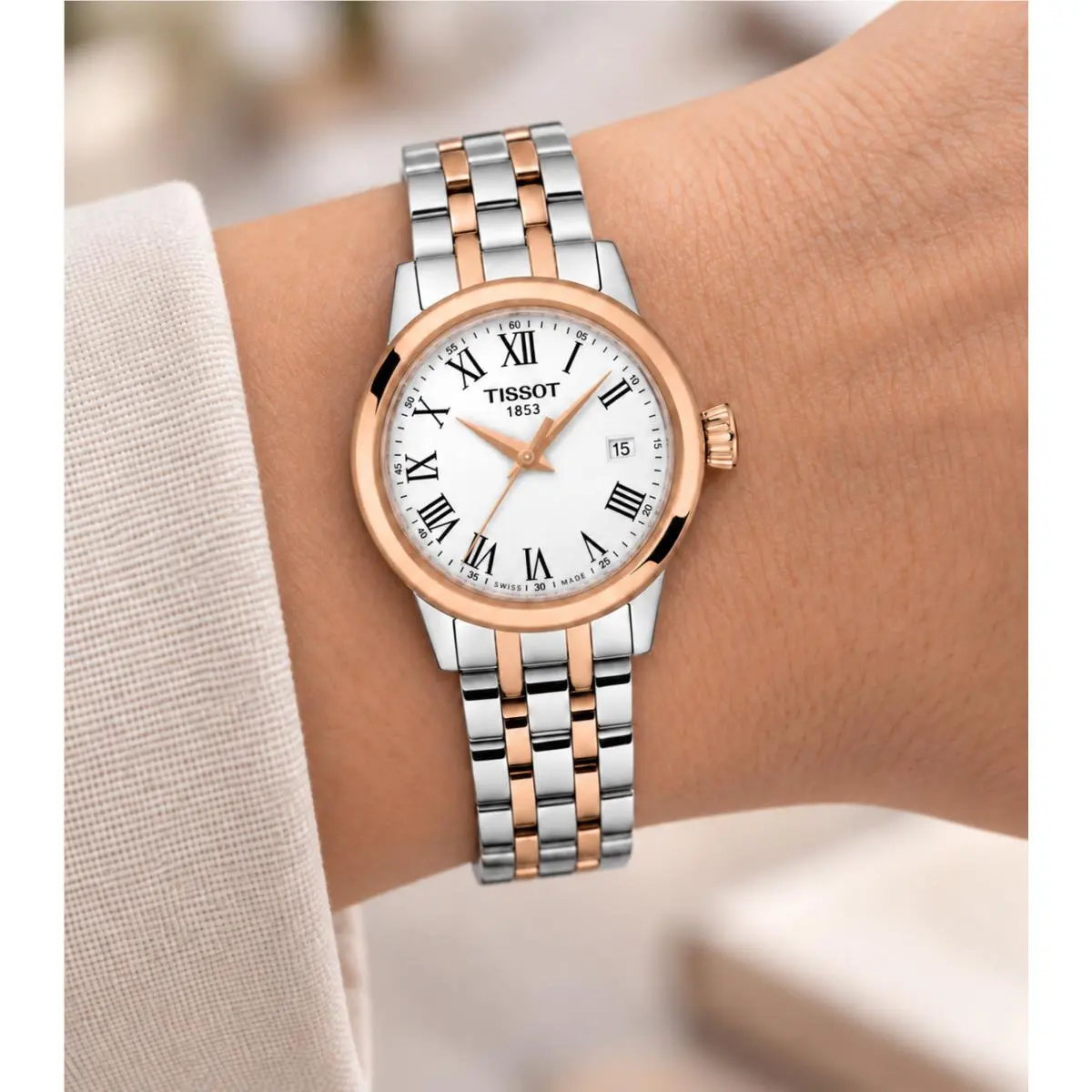 Tissot Classic Dream White Dial Ladies 28mm Quarts Watch T129.210.22.013.00 - Dial: White, Band: Gray, Pink, Bezel: Pink