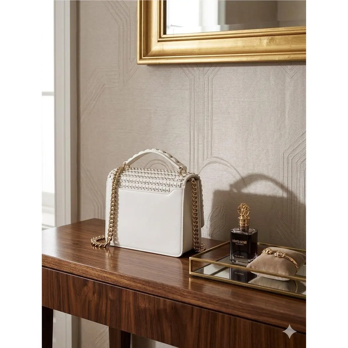 White and Gold Era Cross Body Bag by Roberto Cavalli