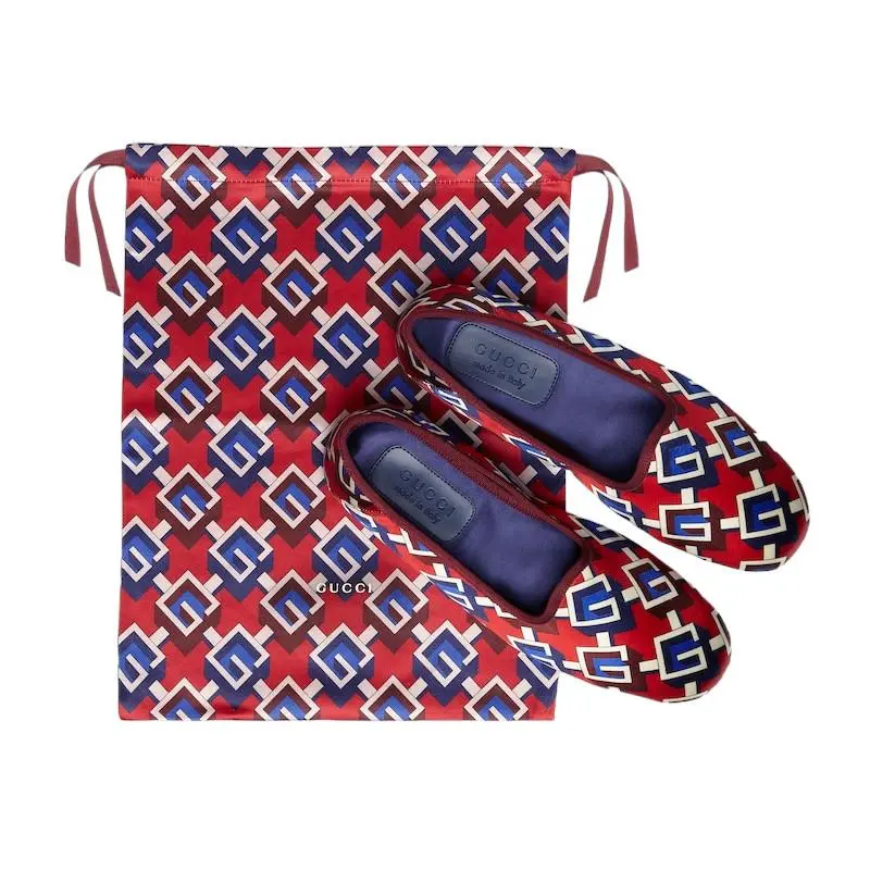 Men`s  Red Satin Voyage Geometric G Print Slipper Shoes by Gucci