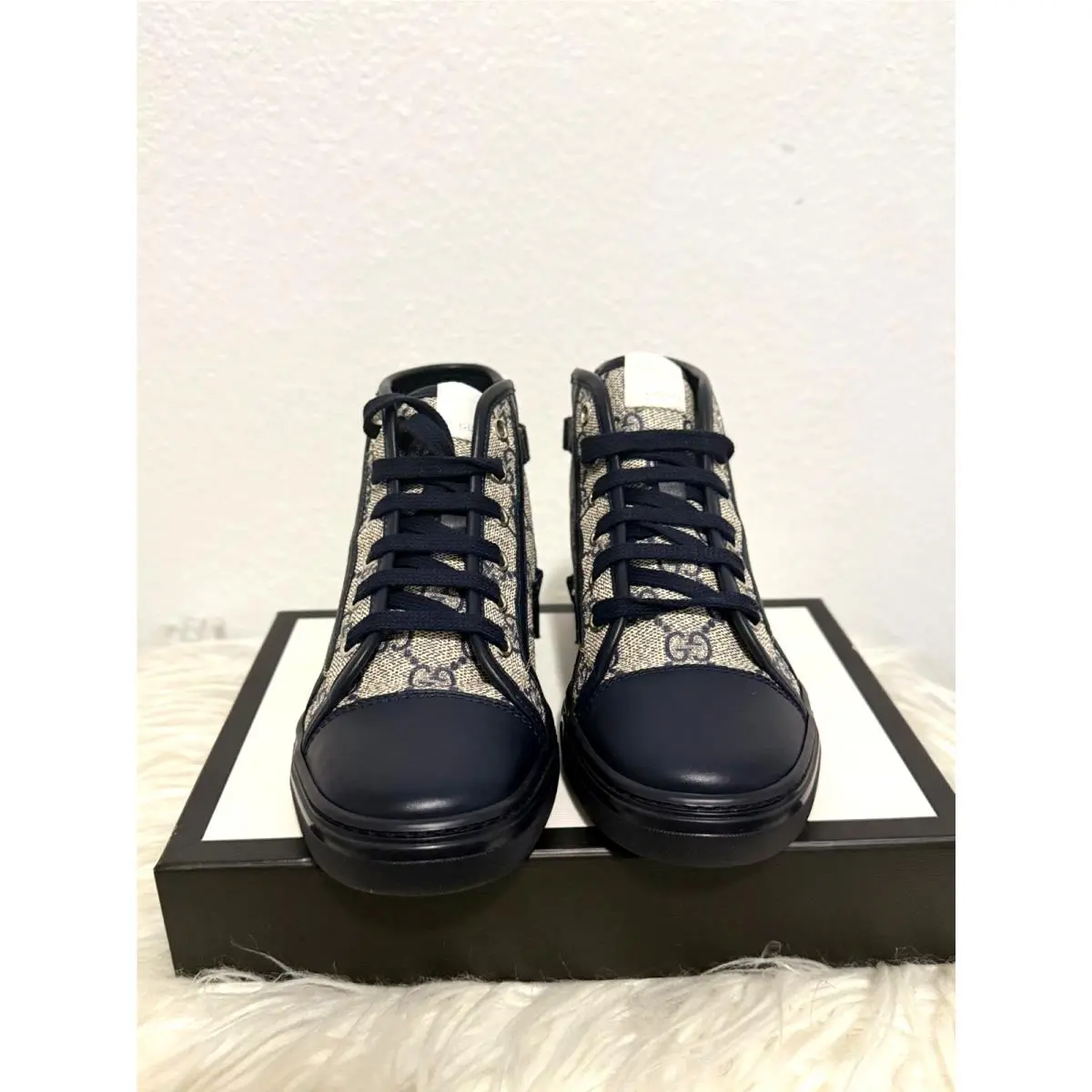 Kid`s  High Top Sneakers with GG Monogram Canvas in Cream and Navy 8 by Gucci