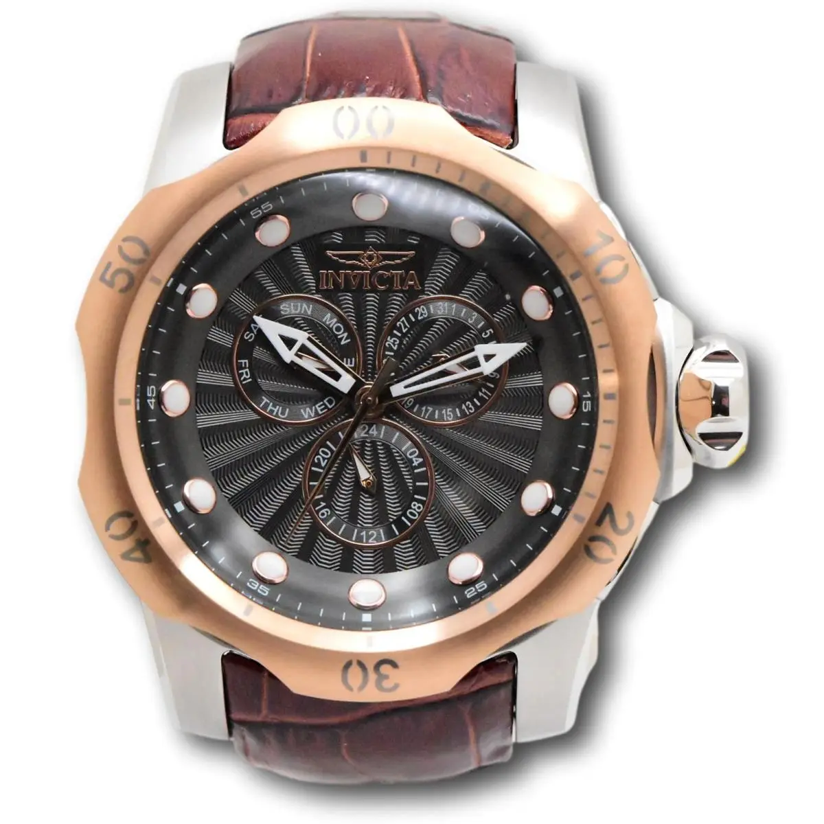 Invicta Venom Dusty Rose Men`s 54mm Multifunction Date Leather Watch 49176 - Dial: Gray,Rose Gold,White, Band: Brown, Bezel: Gray,Rose Gold