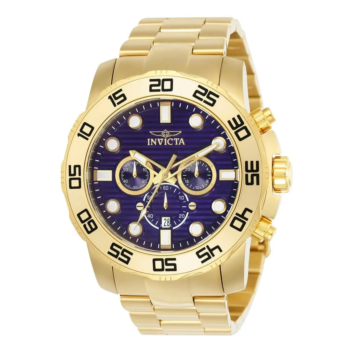 Invicta Men`s Watch Pro Diver Chronograph Blue Dial Yellow Steel Bracelet 22228