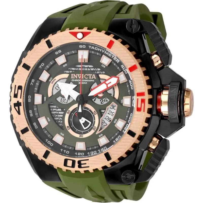 Invicta Men`s 57mm Sea Hunter Quartz Rose Gold/green/black Tone 200m SS Watch - Dial: Multi, Orange, Black, Band: Green, Bezel: Gold