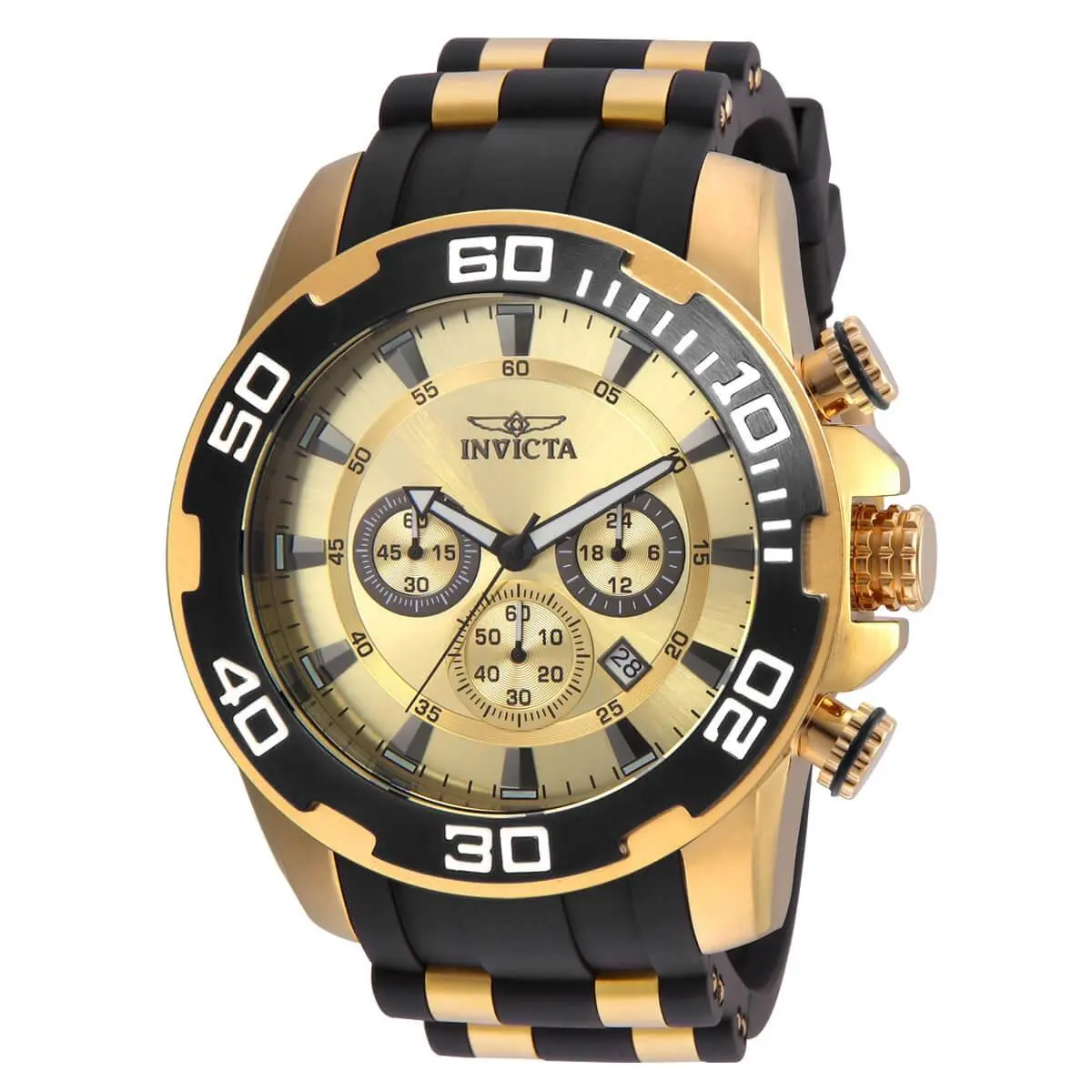 Invicta Men`s Watch Pro Diver Scuba Chronograph Gold Tone and Black Dial 22346 - Dial: Gold, Band: Black, Yellow