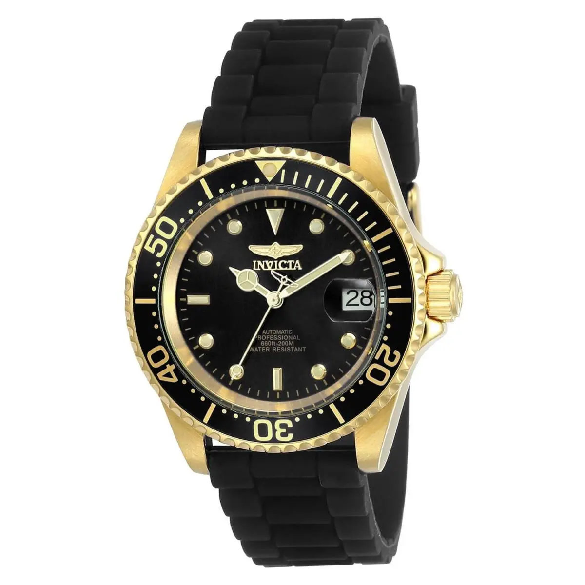 Men`s Watch Pro Diver Gold Tone Dial Black Silicone Rubber Strap 23681 by Invicta