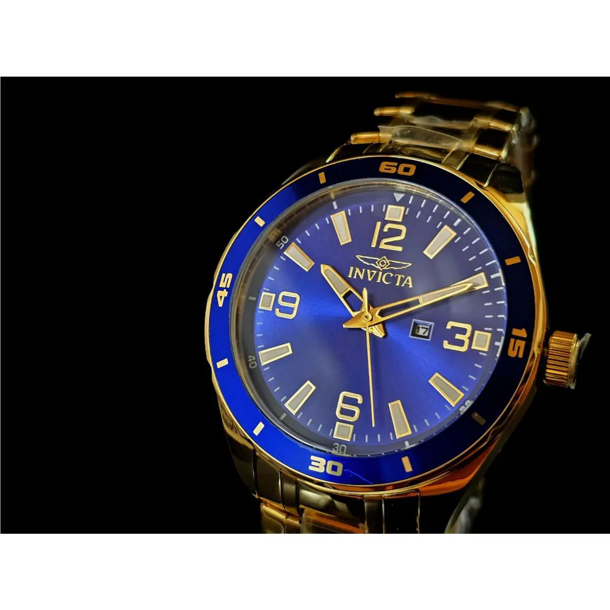 Invicta Pro Diver 44mm Gold Chain Strap Blue Dial Quartz Men`s Watch