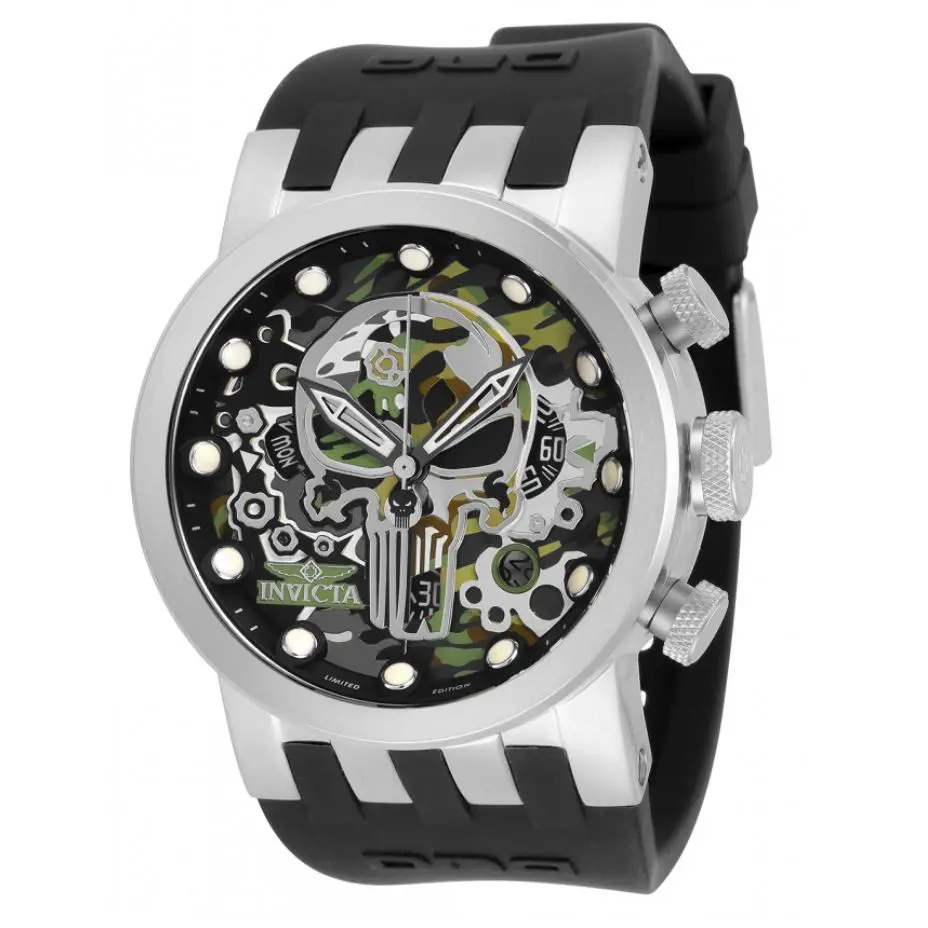 Invicta Marvel Punisher Men`s 46mm Limited to 3 000 Swiss Chrono Watch 34680 - Dial: Multicolor, Black, Band: Black, Bezel: Silver, Black