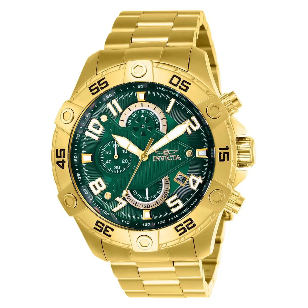Invicta Men`s Watch S1 Rally Scuba Chrono Yellow Gold Bracelet Green Dial 26096
