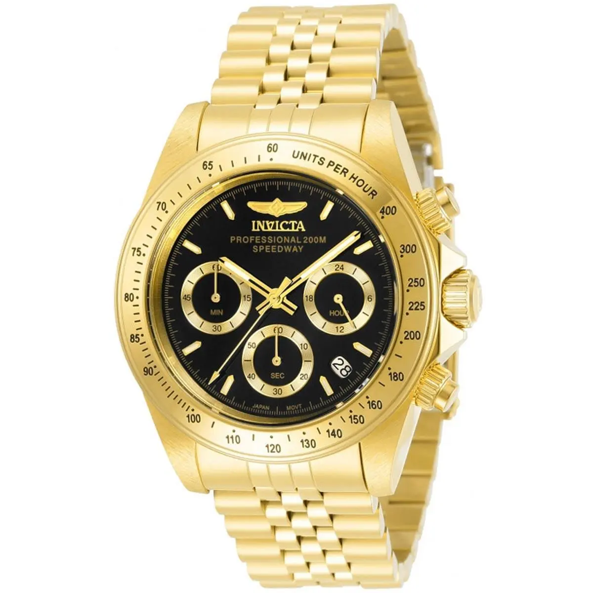 Invicta Men`s Watch Speedway Chronograph Black Dial Yellow Gold Bracelet 31001