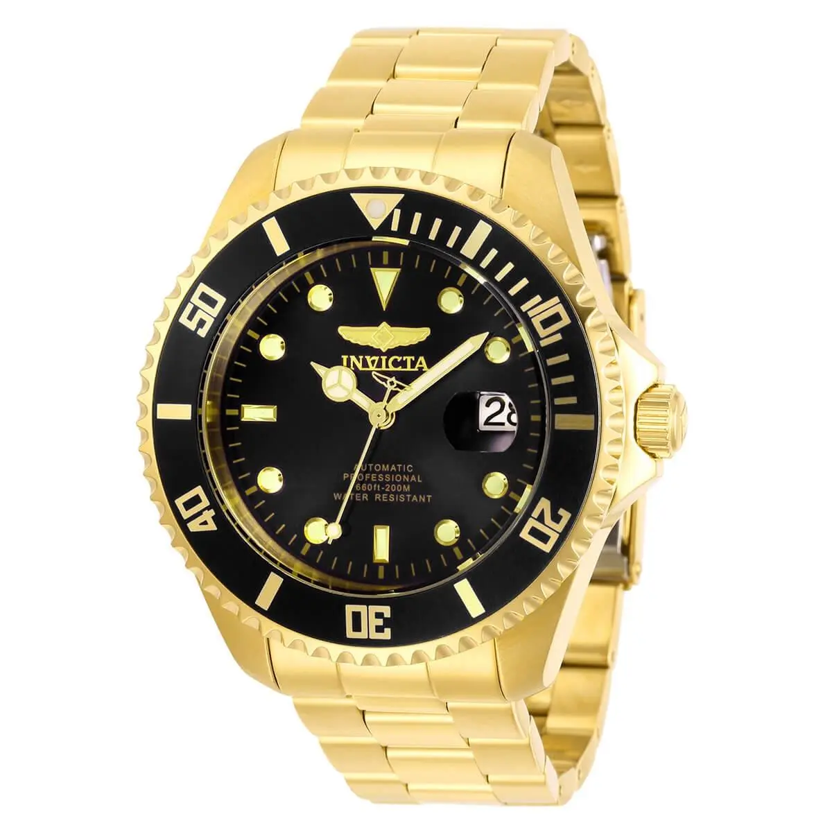 Men`s Automatic Watch - Pro Diver Black Dial Gold Bracelet 28948 by Invicta