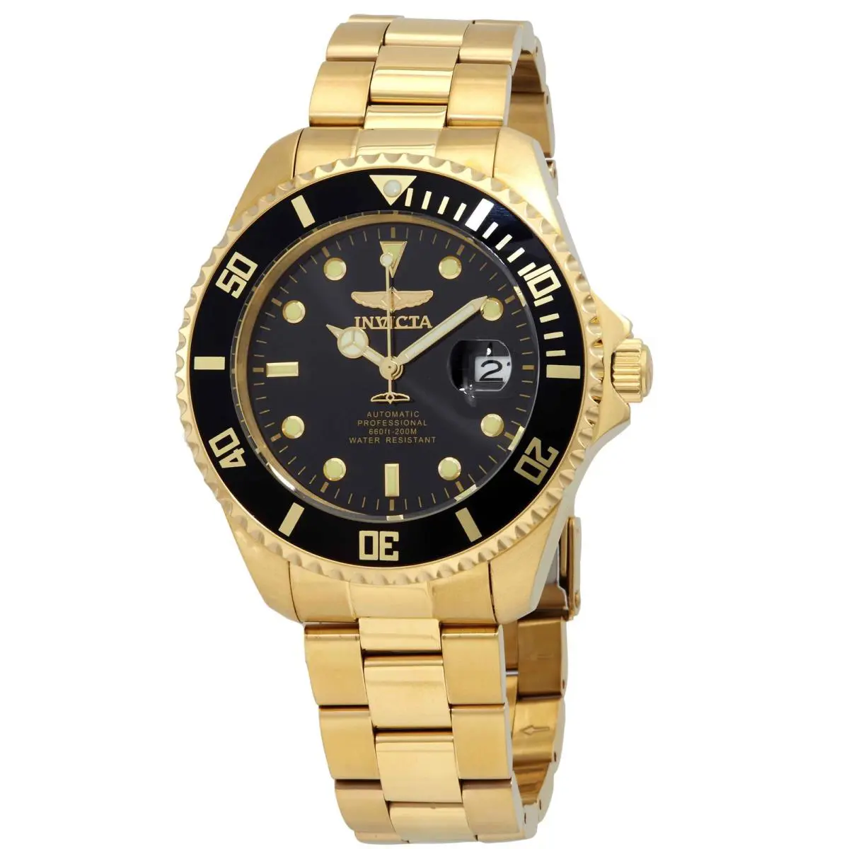 Invicta Men`s Watch Pro Diver Automatic Black Dial Gold Steel Bracelet 28948