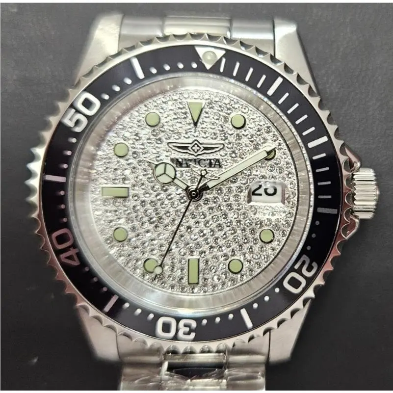 Invicta Pro Diver Mens Quartz Watch 40mm Austrian Pave Crystal Dial SS 50286