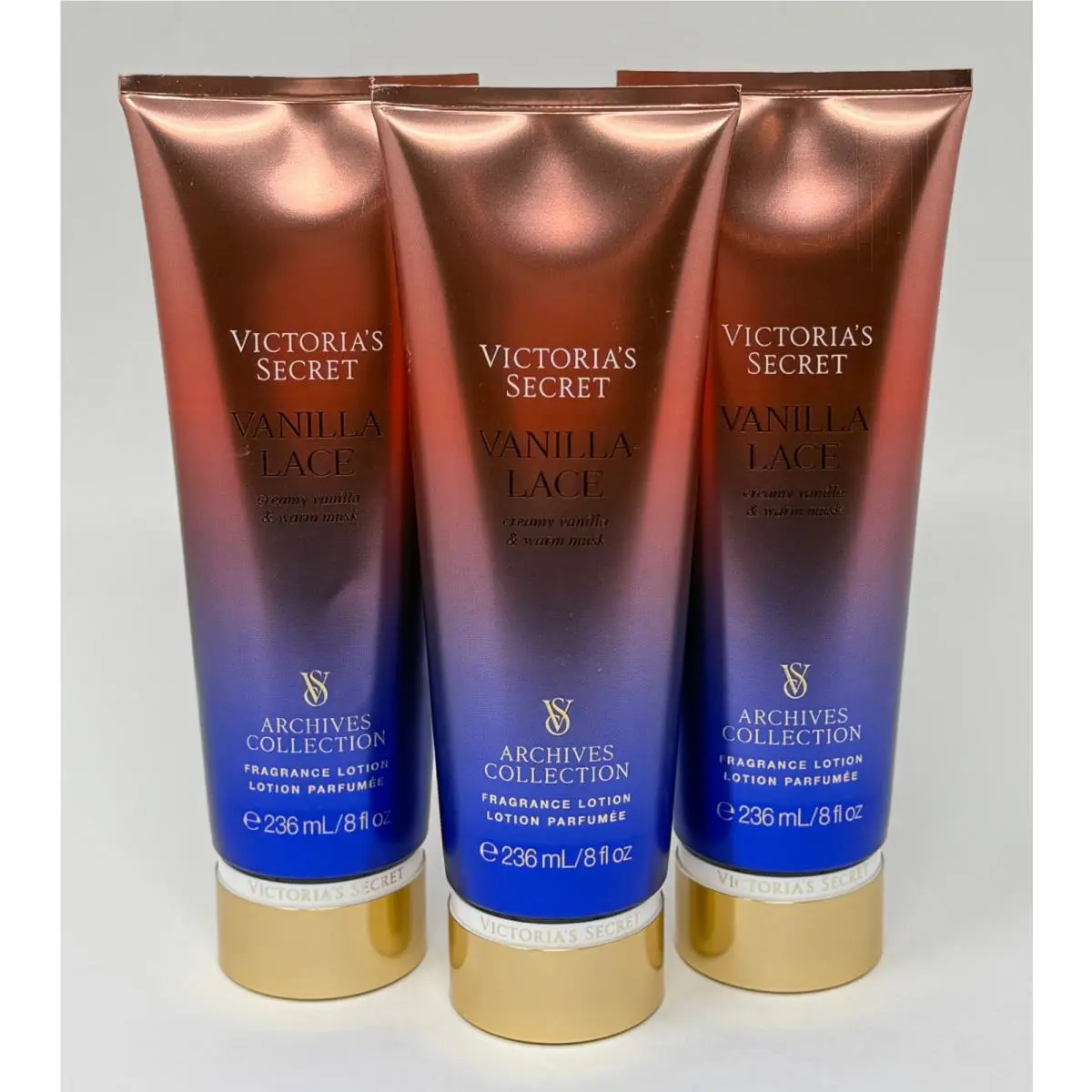 3 Victoria`s Secret Vanilla Lace Fragrance Lotion Body Hand Cream 8 OZ Large