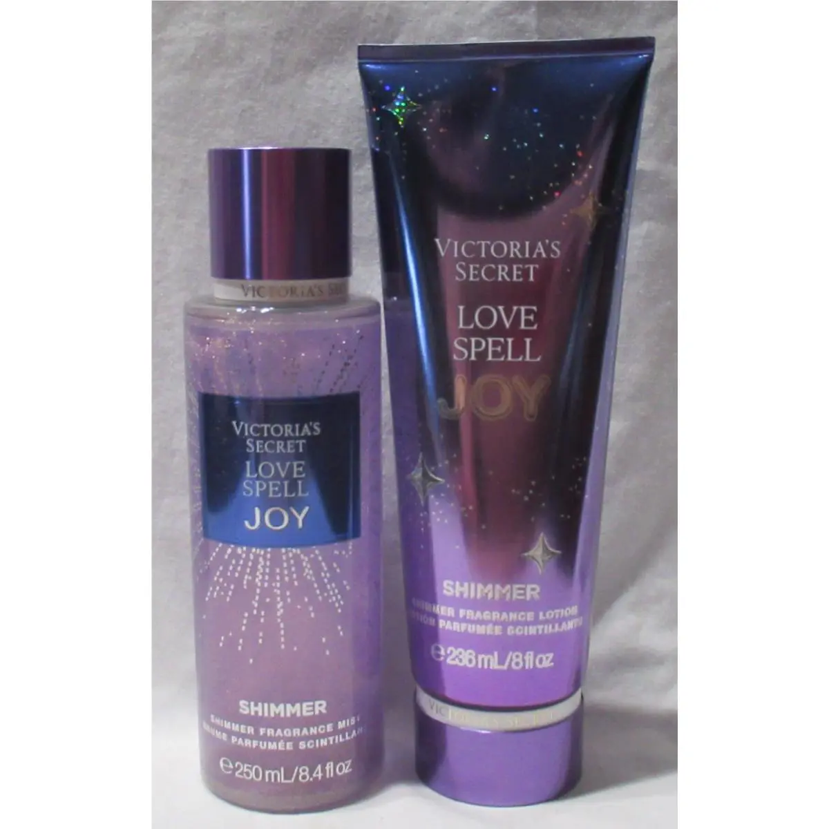 Victoria`s Secret Shimmer Fragrance Mist Lotion Set Lot of 2 Love Spell Joy
