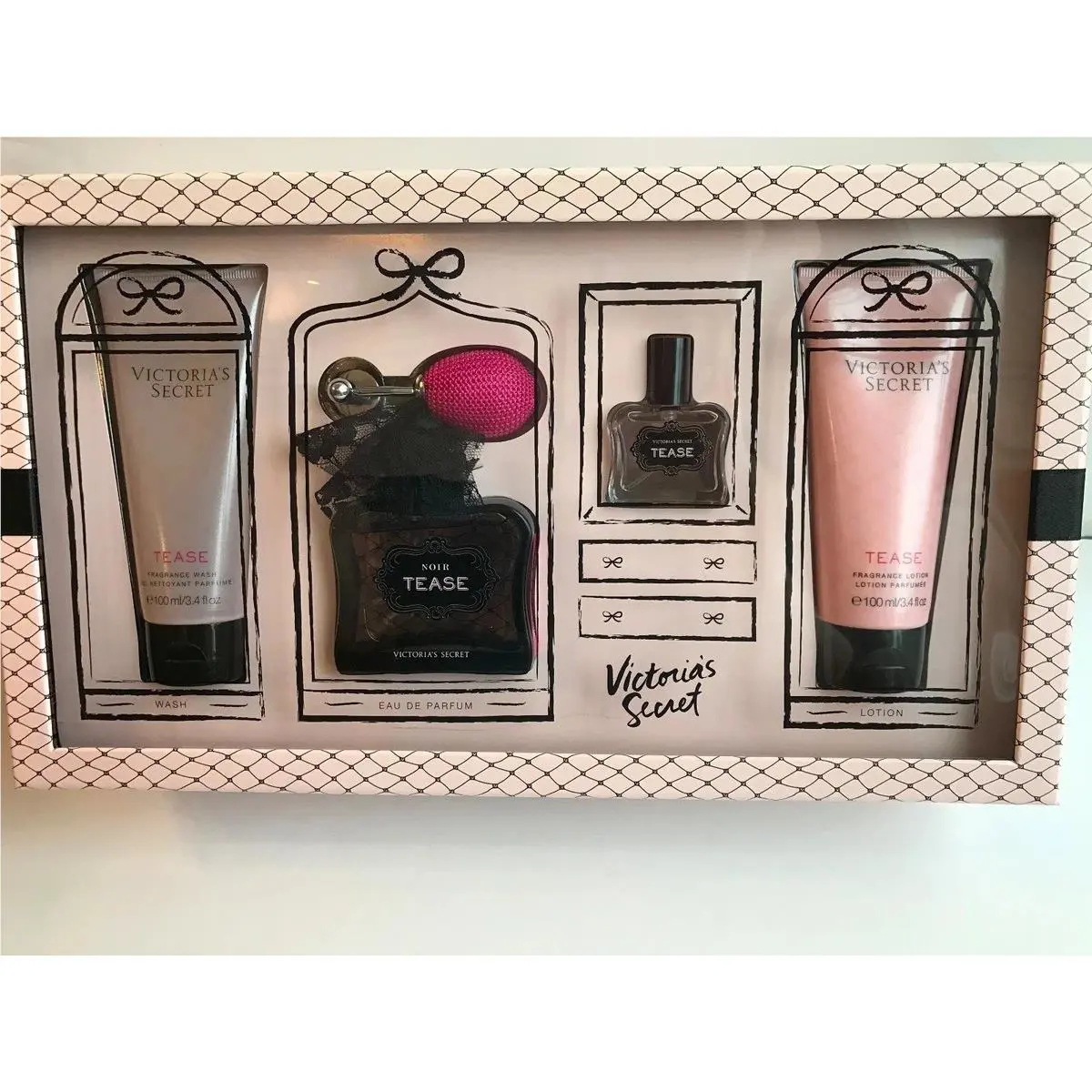 Victoria`s Secret Noir Tease Eau de Parfum Perfume Lotion Body Wash 3.4oz 4X Set