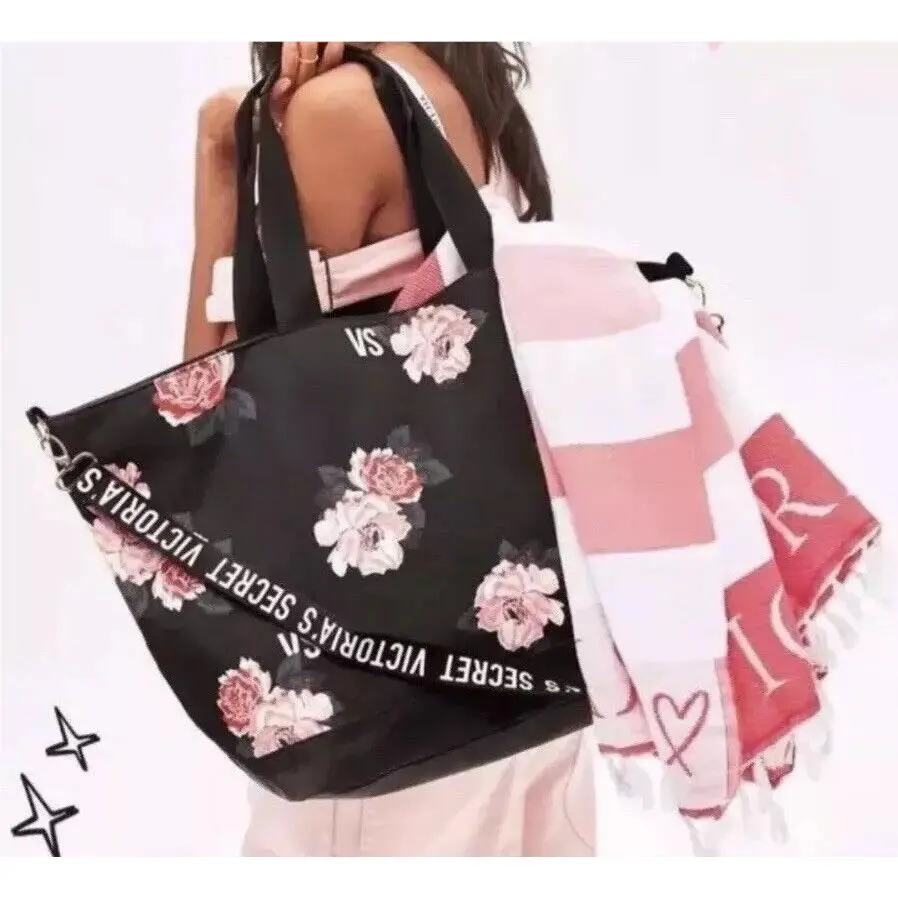 Victoria`s Secret Set Floral Rose Tote Weekender Carry ON Bag W/ Blanket