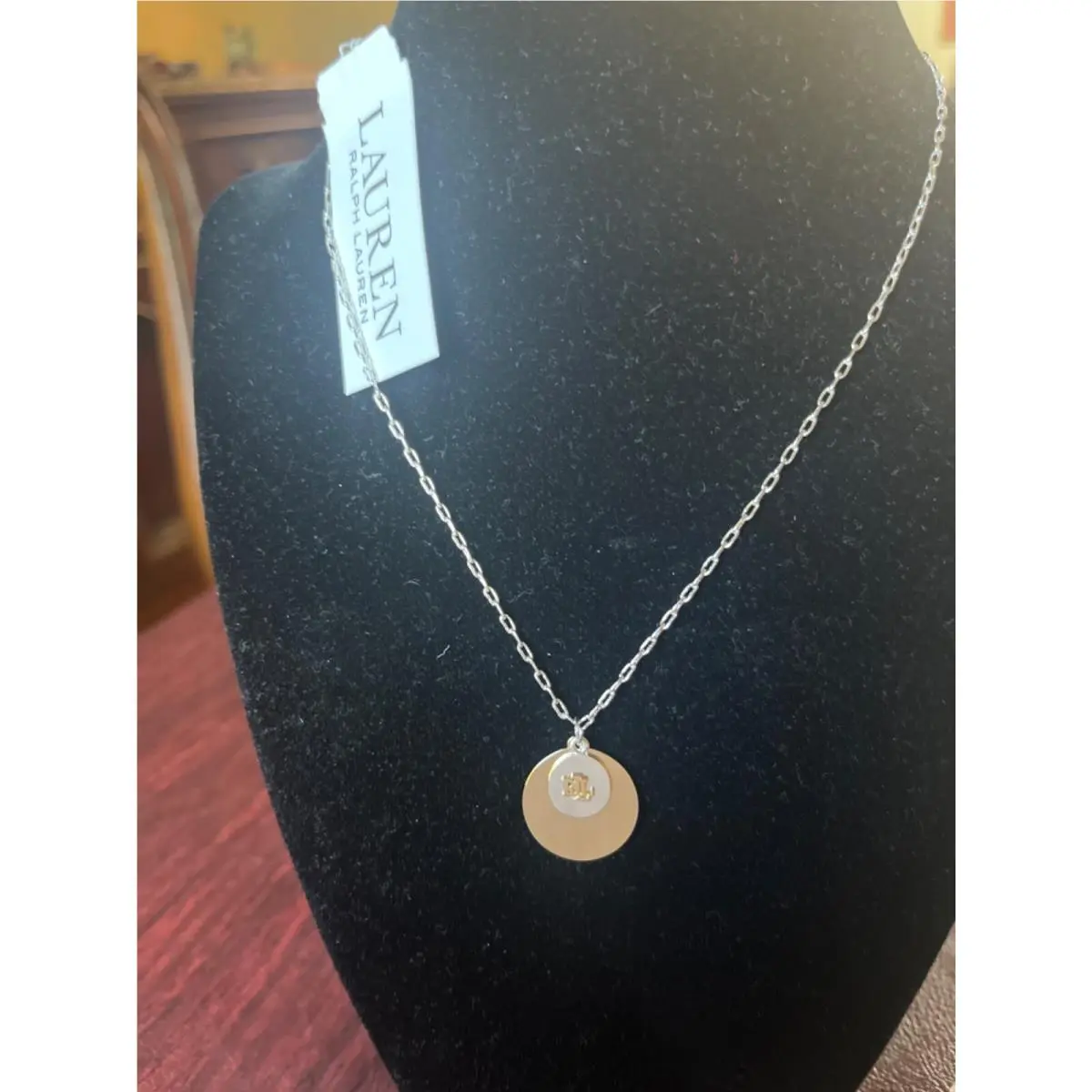 Lauren  Jewelry Select 25+ Necklace Earring Bracelet $35-$98 Necklace, Two Tone Logo Disk, 16 ” + Extender by Ralph Lauren