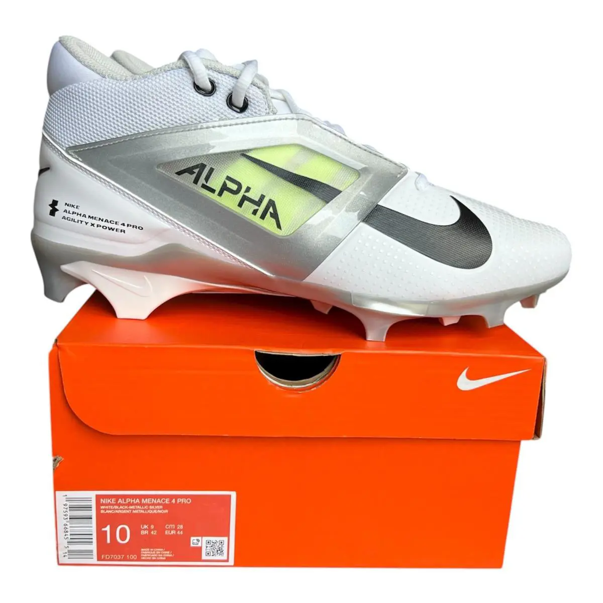 Nike Alpha Menace 4 Pro Sizes 8-13 Football Cleats Wht/blk/silver FD7037-100 - White/Black