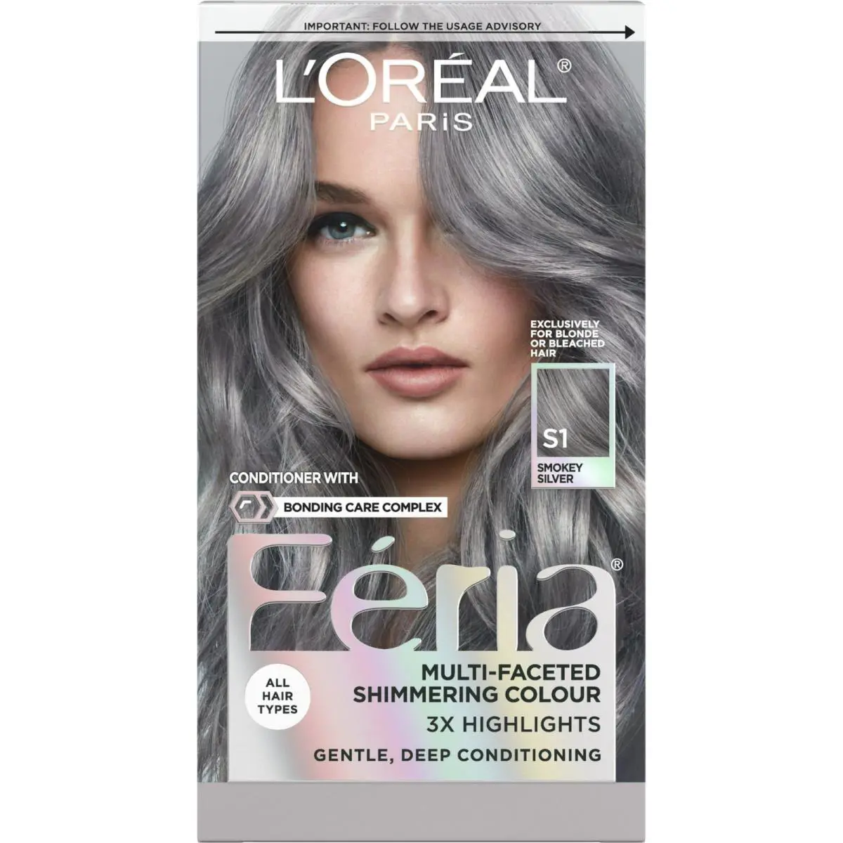 L`oreal Paris Feria Shimmering Permanent Hair Color S1 Smokey Silver 3 Pack