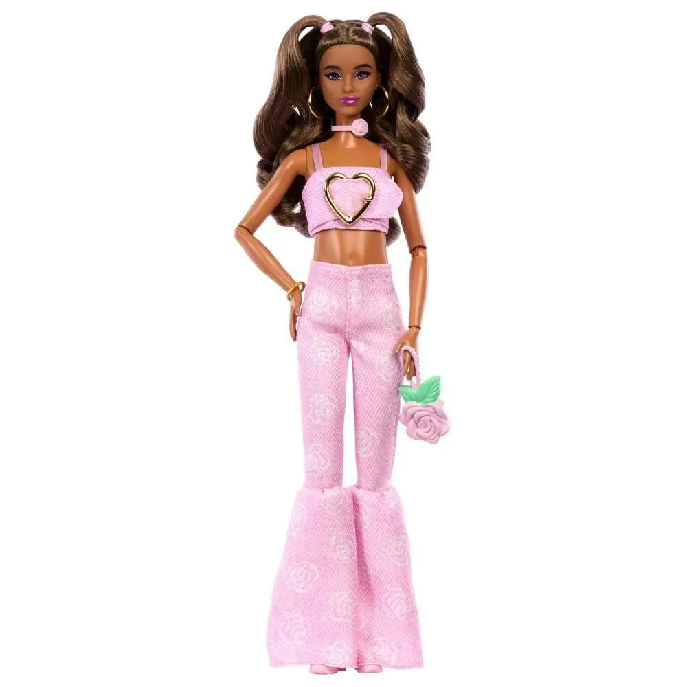 Barbie Deluxe Style Doll 12 in Pink Denim Crop Top with Matching Rose Print Fla