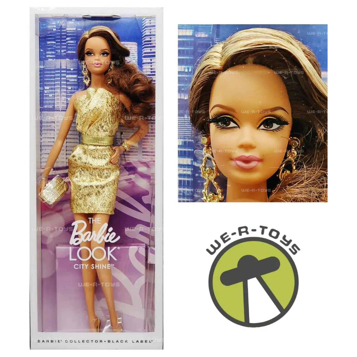 The Barbie Look City Shine Brunette Gold Dress Black Label 2014 Mattel CFP36