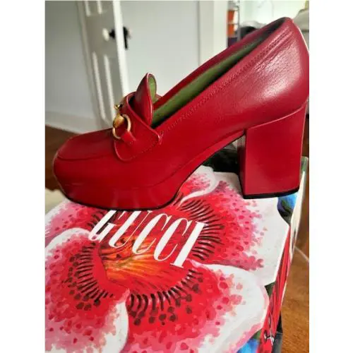 Gucci Houdan Red Leather Horsebit Platform High Heel Loafers 38 1/2 B Store