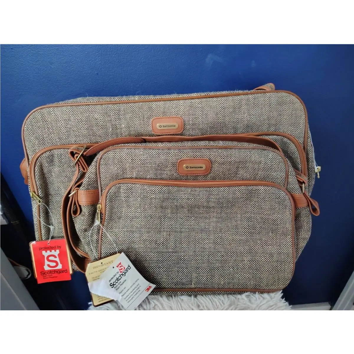 Samsonite Vintage Travel Bag Luggage Corduroy Leather Brown Tan Set Of 2