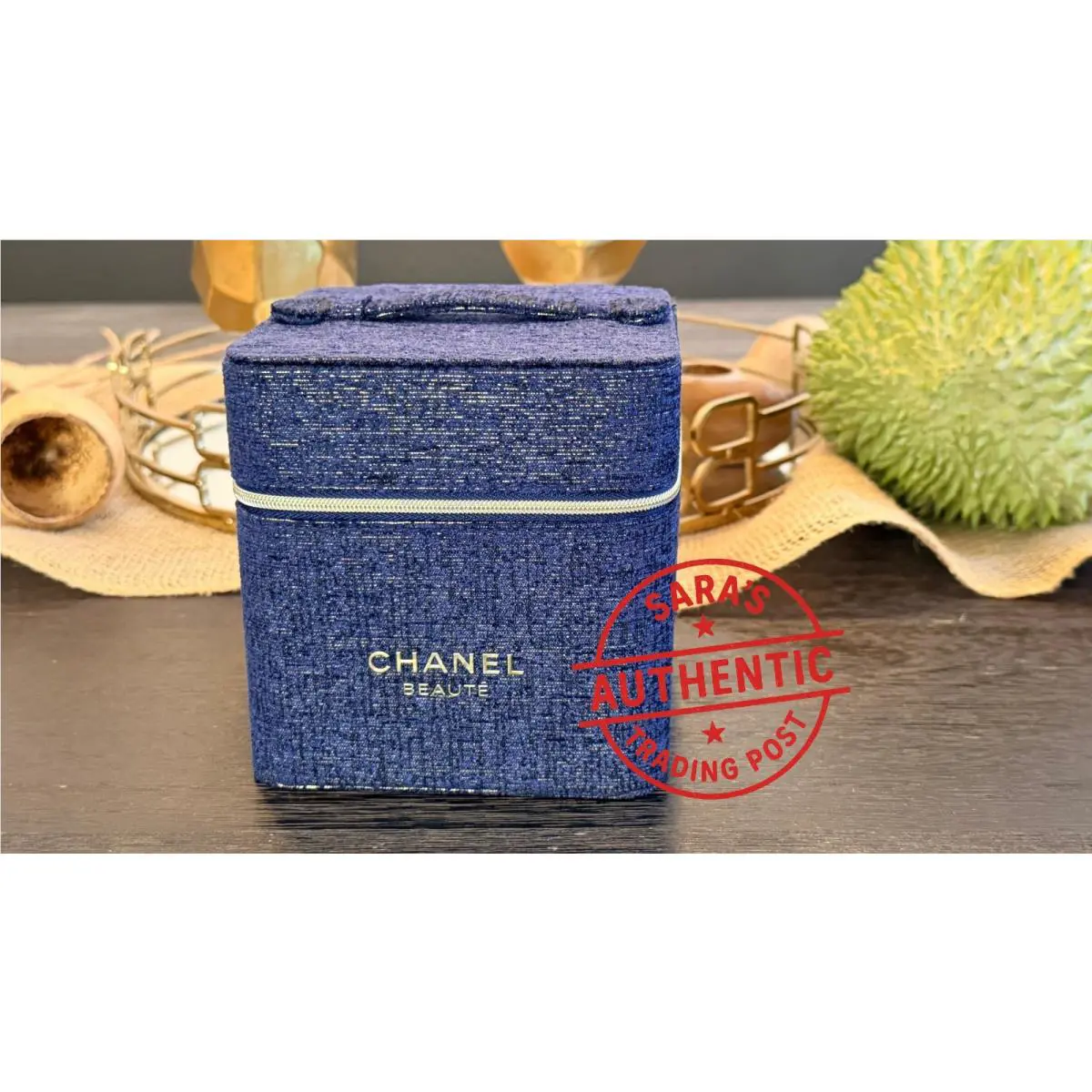 Chanel Beaute Vanity Cosmetic Makeup Case Pouch Box Midnight Tweed Blue +